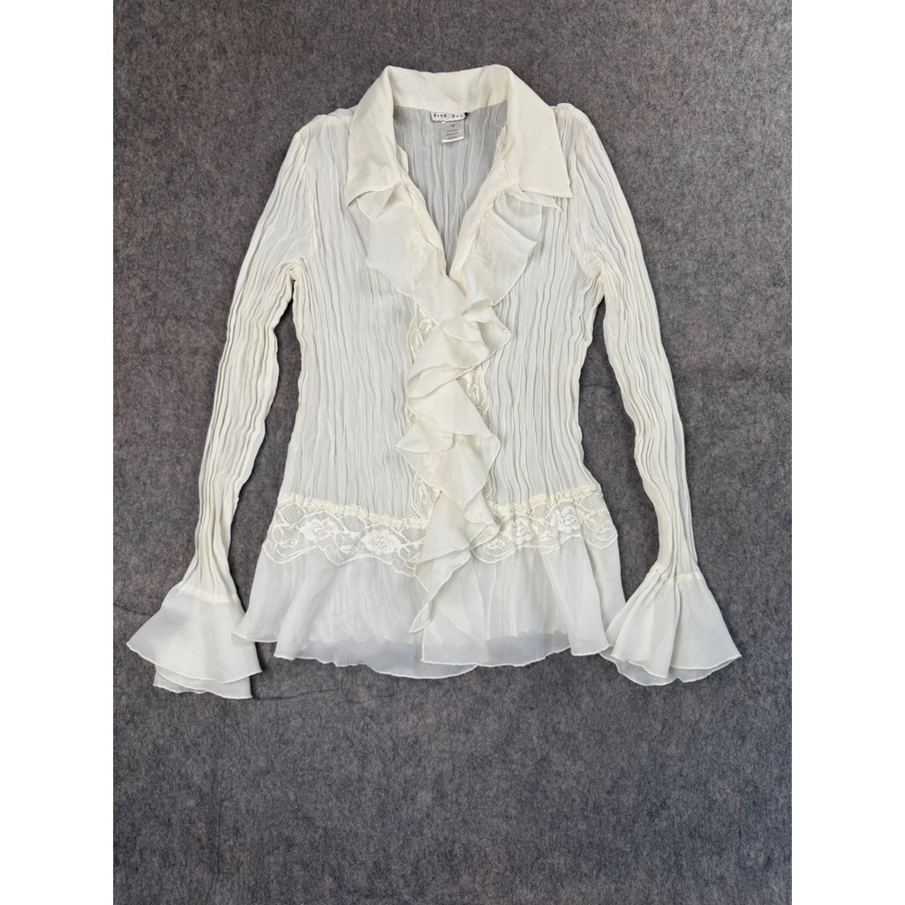 Fred David Blouse Womens 12 Ivory Polyester Ruffle Lace Pleated Y2K Boho Top